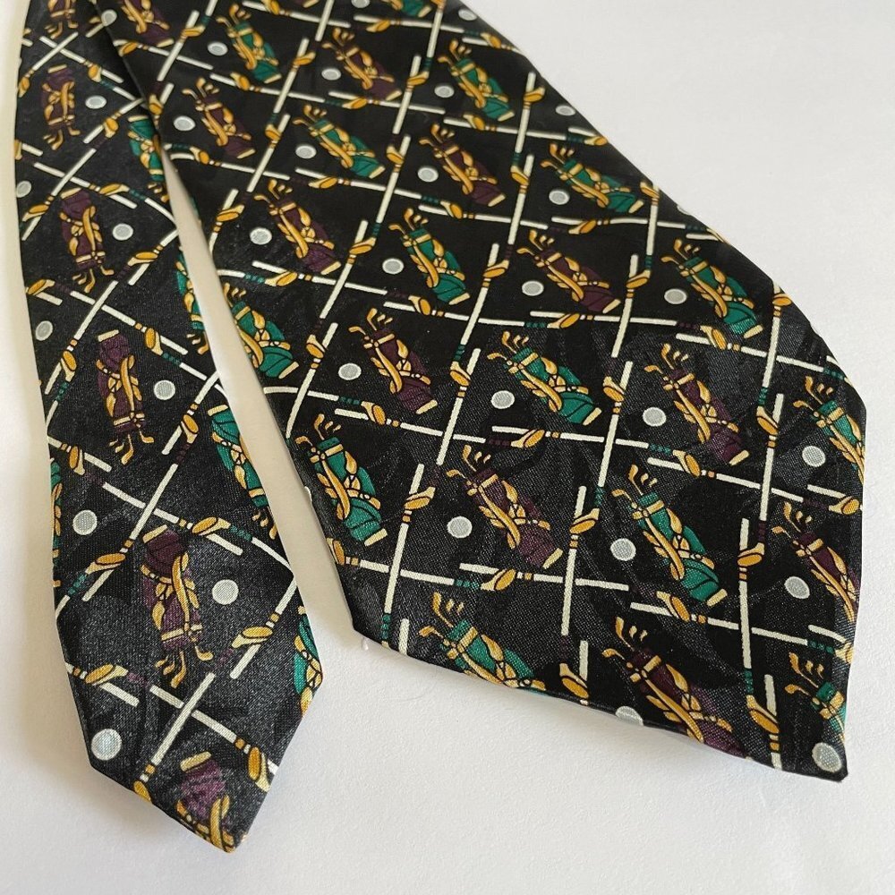Vintage 80s GOLF Necktie Mens Black Green Gold A Rogers Sporty Casual‎ Career